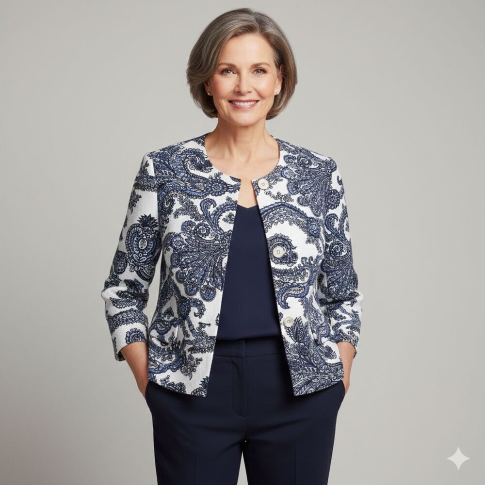 Talbots Paisley Blazer Jacket White Blue Lined 3/4 Sleeve Crop Career Formal 14